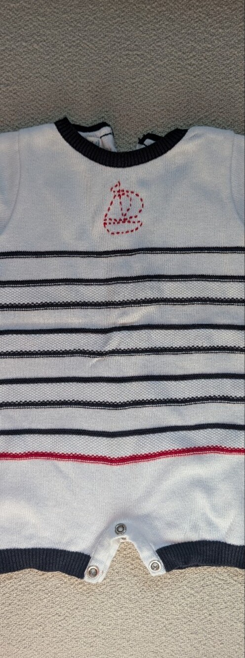 White & Navy Striped Kids Romper with Red Accent Feltman Brothers
